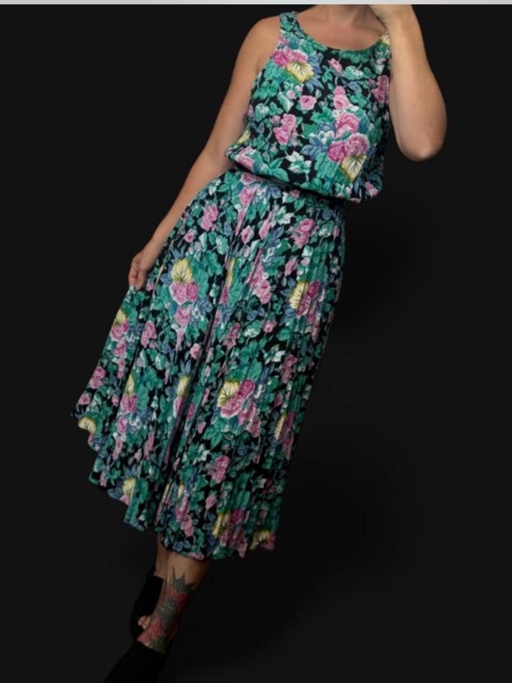 Vintage 90’s E.D. Michaels Floral elastic waist midi Dress in Teal & Pink&yellow